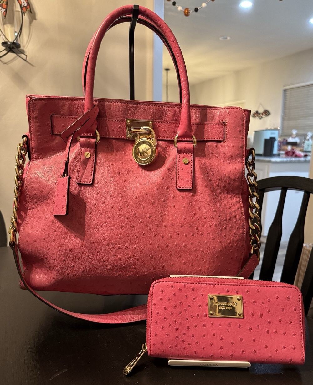 Michael Kors Pink Ostrich Embossed Hamilton Tote Bag Matching Zip Around Wallet